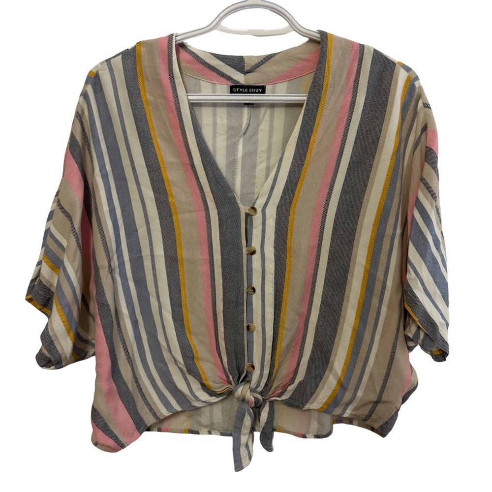 Style Envy Pink and Yellow 3/4 Sleeve Tie Front Blouse